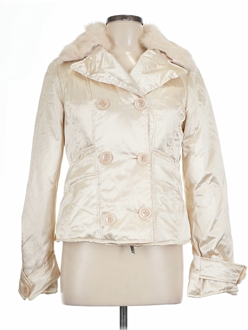 Y2K Bebe Feather Down Pinstripe Puffer Jacket Rabbit Fur Collar Cream Coat